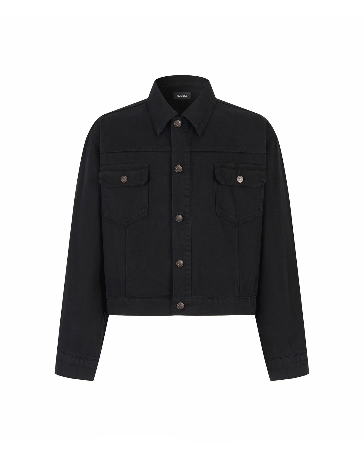 Denim Jacket — front view of black buttoned denim jacket