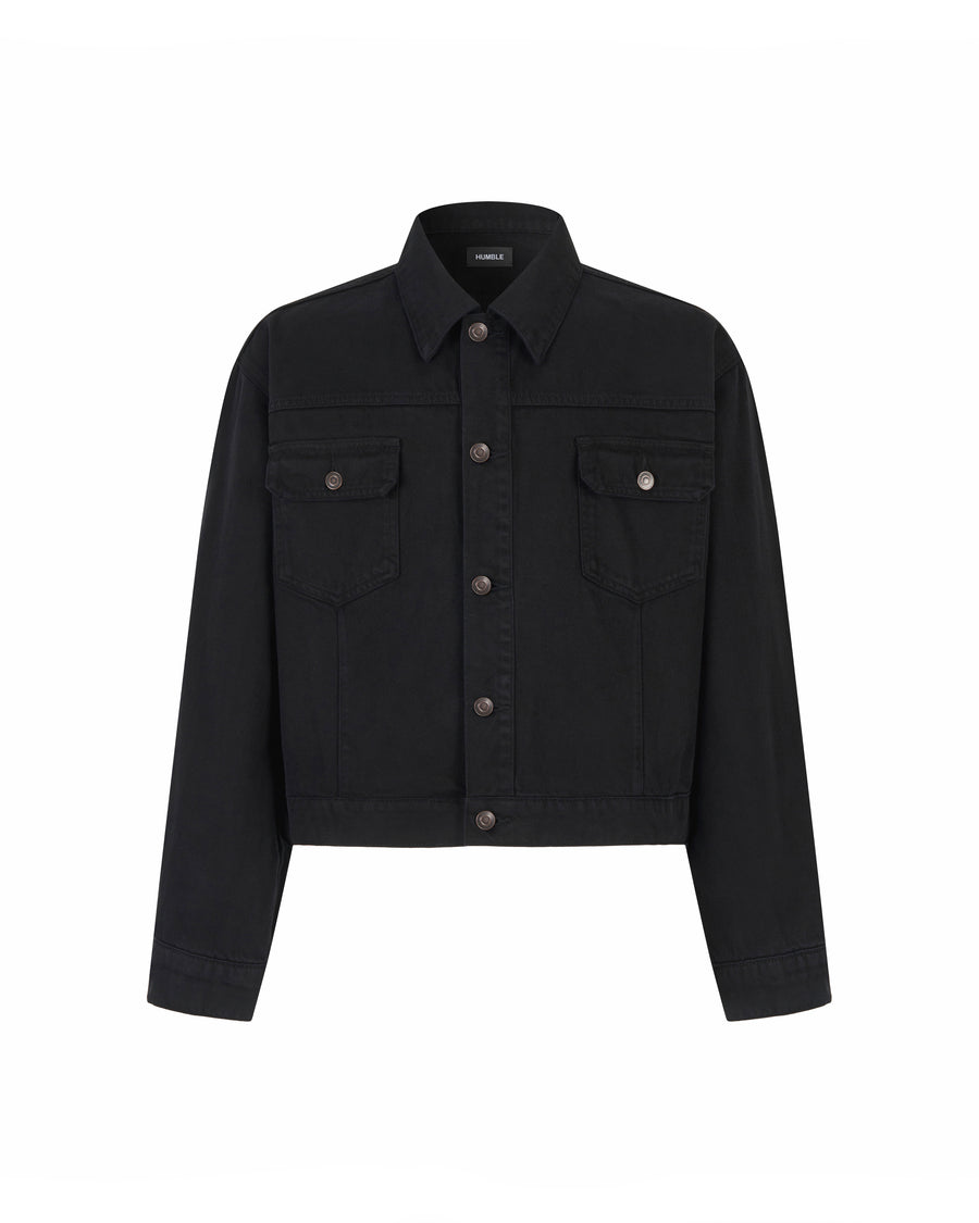 Denim Jacket — front view of black buttoned denim jacket