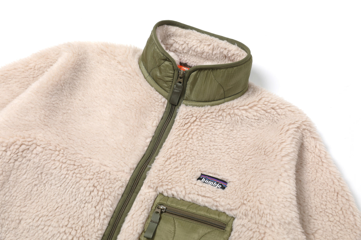 Fleece Jacket — cream fleece collar and olive trim detail