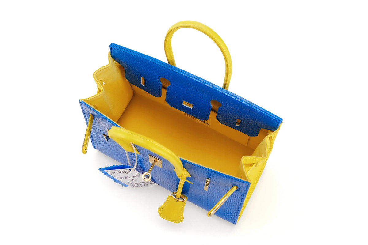Travel Bag Size 25 Blue/Yellow — open top showing yellow lining