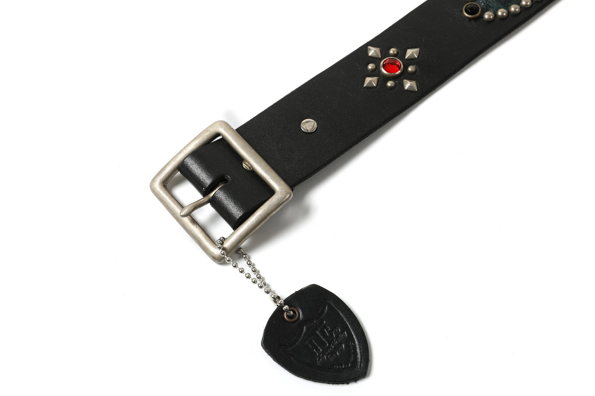 HUMBLE x HTC Gemstone Studded Black Belt — metal buckle and red gemstone stud detail