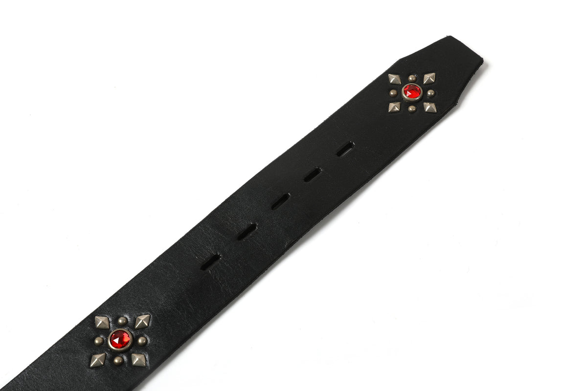 HUMBLE x HTC Gemstone Studded Black Belt — belt tip, adjustment holes and gemstone studs