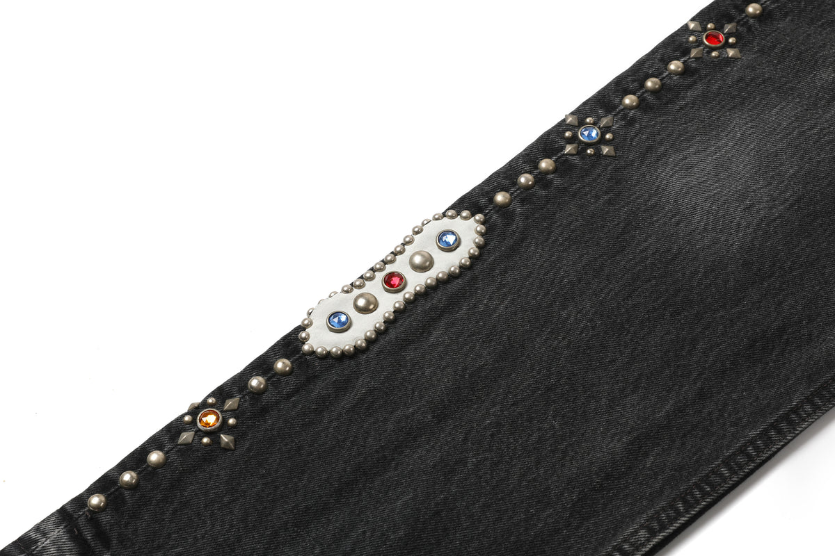 HUMBLE x HTC Gemstone Studded Black Jeans — gemstone studs along the side seam