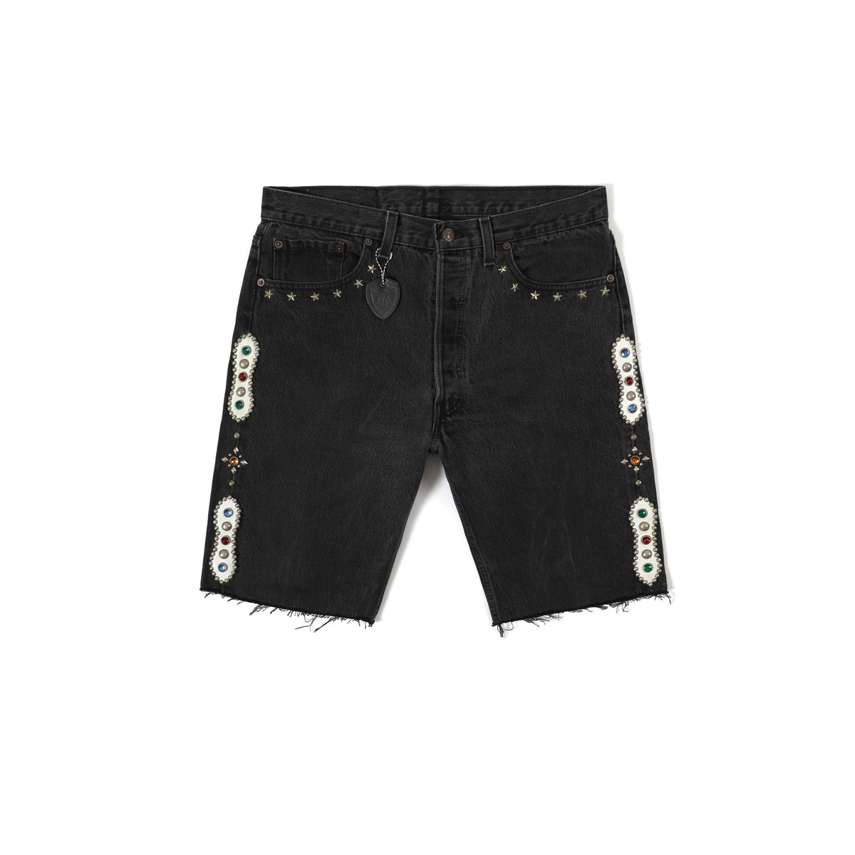 HUMBLE x HTC Gemstone Studded Black Denim Shorts — front view with gemstone side decorations