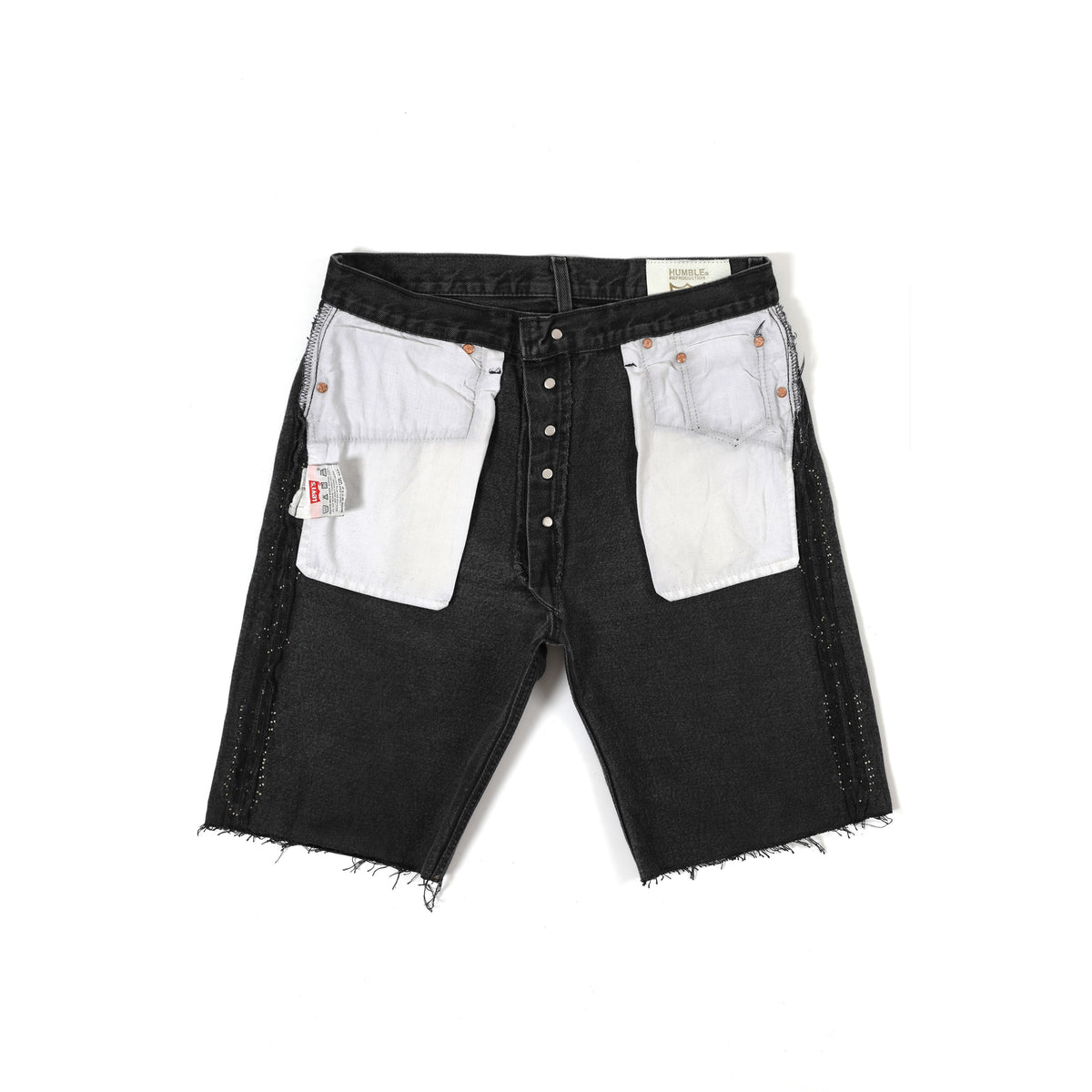 HUMBLE x HTC Gemstone Studded Black Denim Shorts — inside-out view showing pocket bags