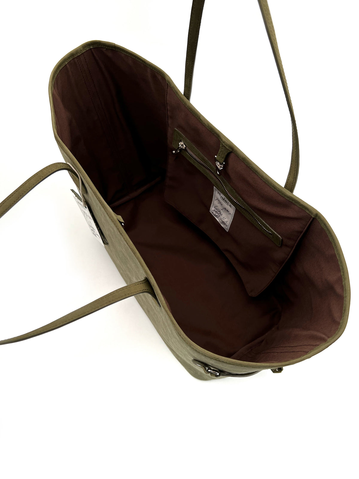 Tote Bag L Col#1 — top view of the brown lining and interior pocket