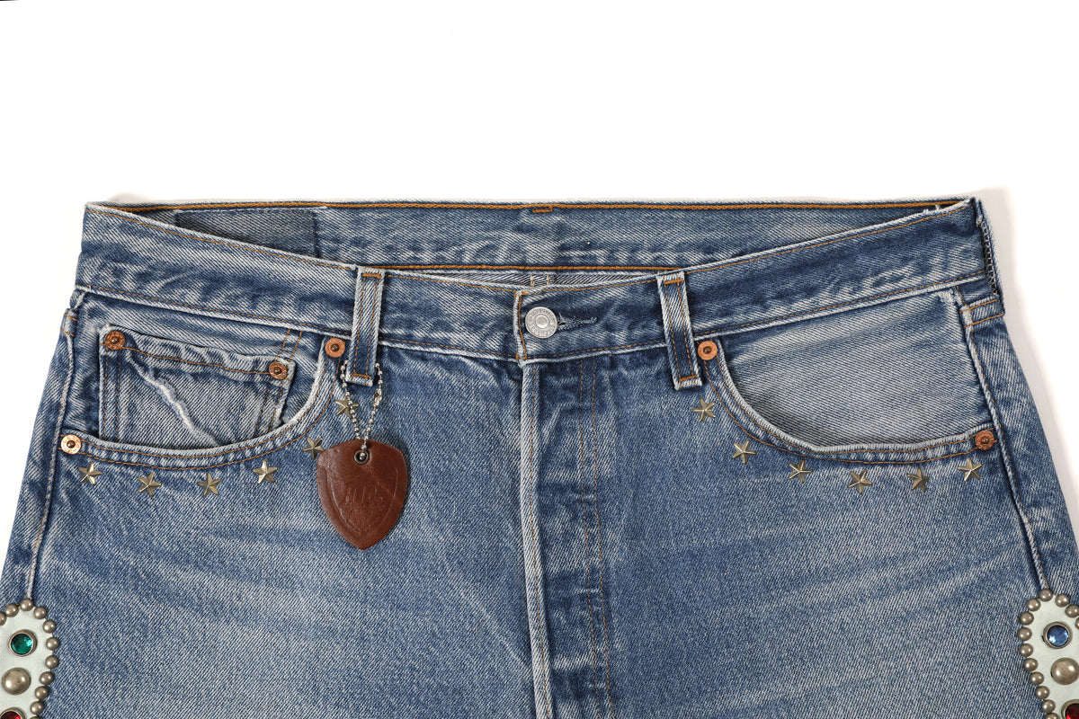 HUMBLE x HTC Gemstone Studded Blue Denim Shorts – product image 4