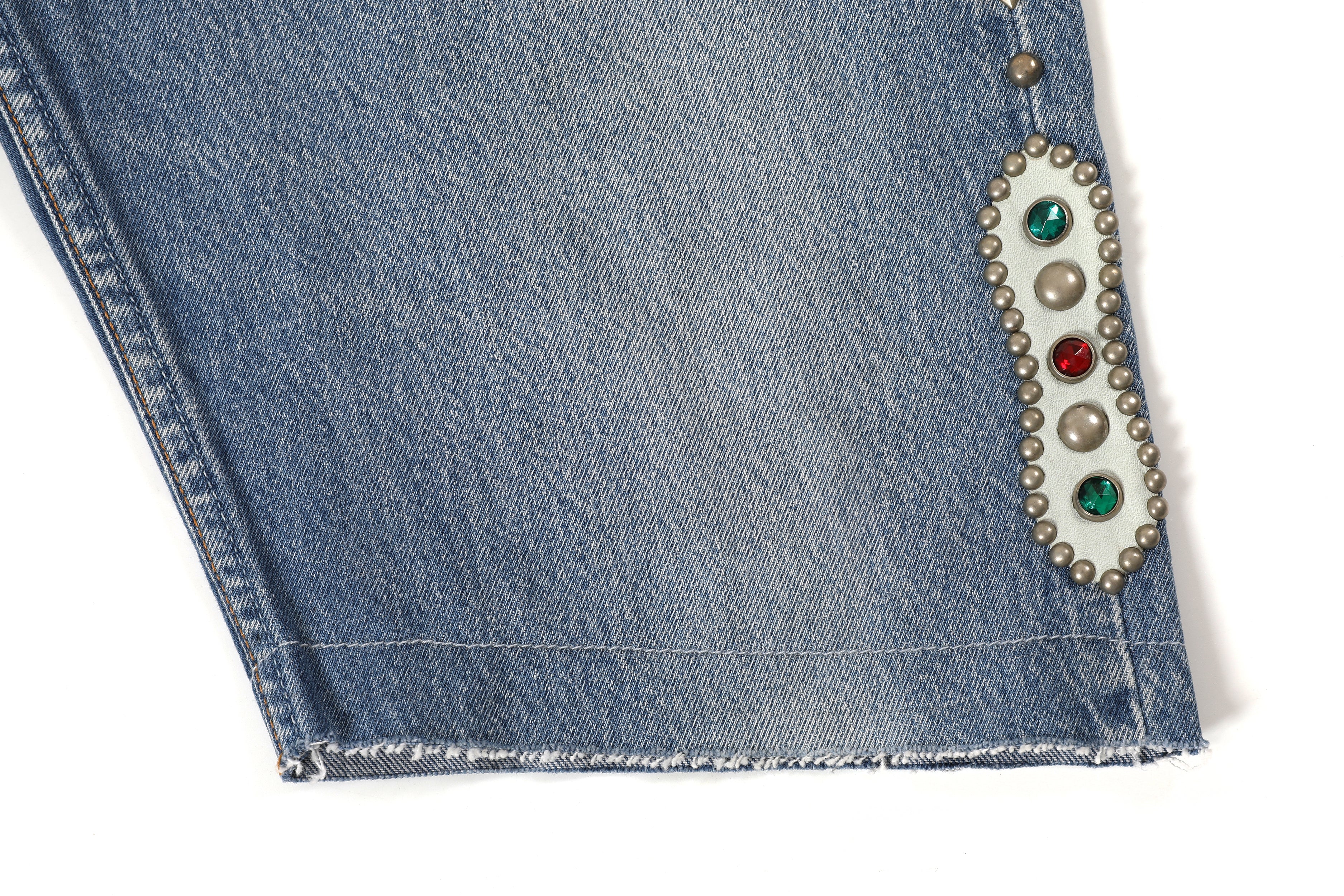 HUMBLE x HTC Gemstone Studded Blue Denim Shorts